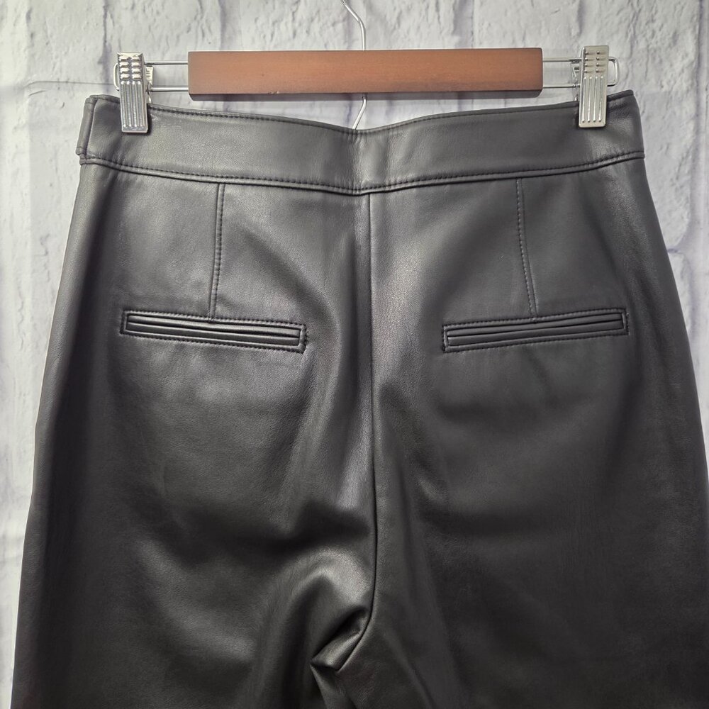 Ann Taylor Size 2 Black Faux Leather High Rise Straight Leg Pants Button Detail - Picture 6 of 10